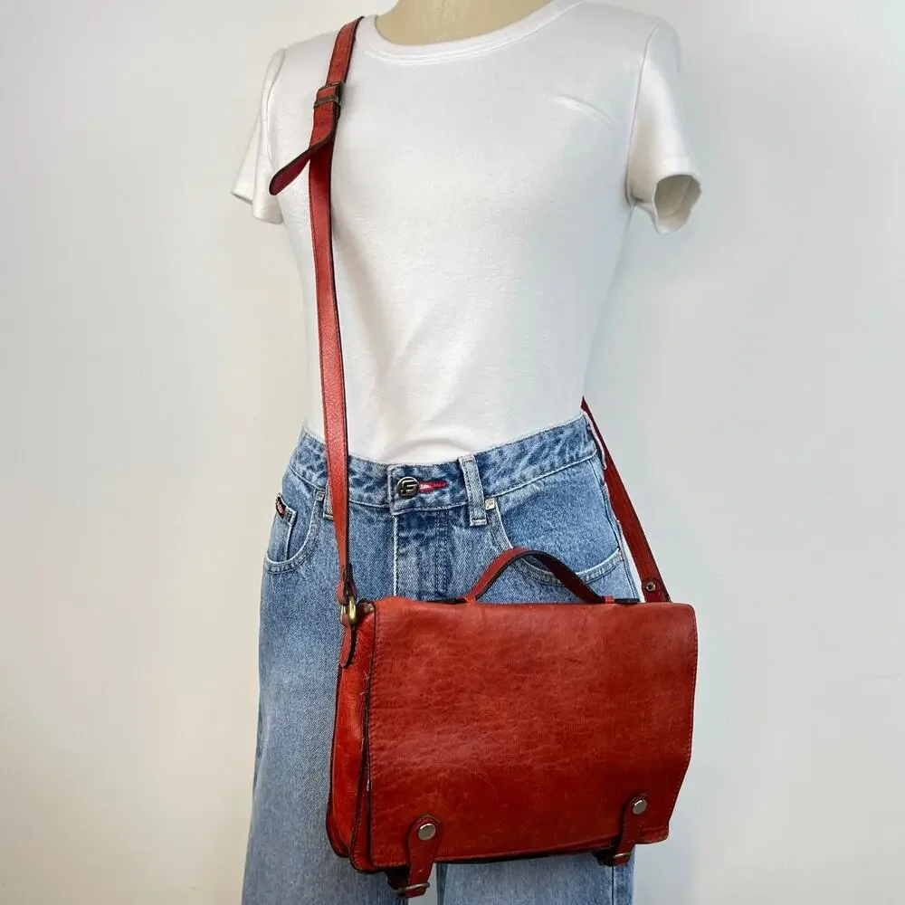Vintage Red Genuine Leather Classic Cross-Body Messenger Bag Purse